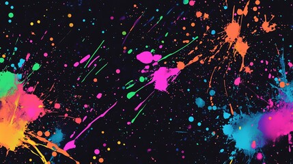 Abstract neon paint splatter on black background.