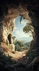 A serene cave entrance reveals beautiful landscape beyond, inviting exploration