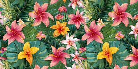 Tropical Paradise: Lush Green Palm Leaves & Pink Plumeria Flowers - Exotic Botanical Pattern