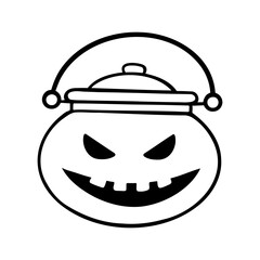 Sinister laughing Halloween potion cauldron illustration in line art style. Graphic monochrome drawing. Hand drawn outline sketch, engraved doodle illustration. For coloring, invitation, decoration.