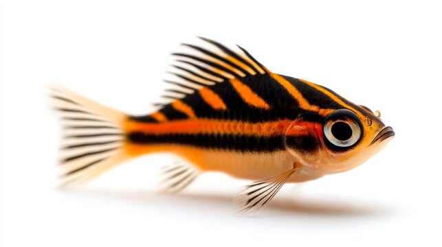 recommend clip art: A single zebra danio fish with black and orange stripes, isolated on a white background.  The fish is swimming with its tail fin spread out, showcasing its vibrant colors.