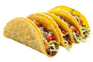 Spicy tacos with a mix of seasoned meat and fresh, crisp toppings isolated on transparent background
