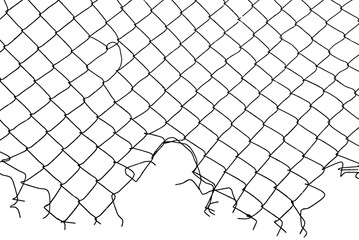 The texture of the metal mesh on a white background. Torn steel, metal mesh with holes