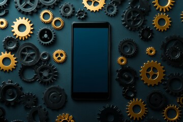 A smartphone with a blank screen rests on a blue background, surrounded by gold and black gears symbolizing the intricate workings of technology, innovation, and seamless integration.