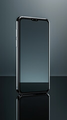 Sleek smartphone standing vertically on reflective surface, showcasing modern design