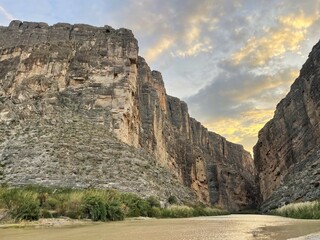 Landscape of The Walls of Santa Elena Canyon in Big Bend National Park, Texas, USA at Sunset on a Partially Cloudy Summer Evening