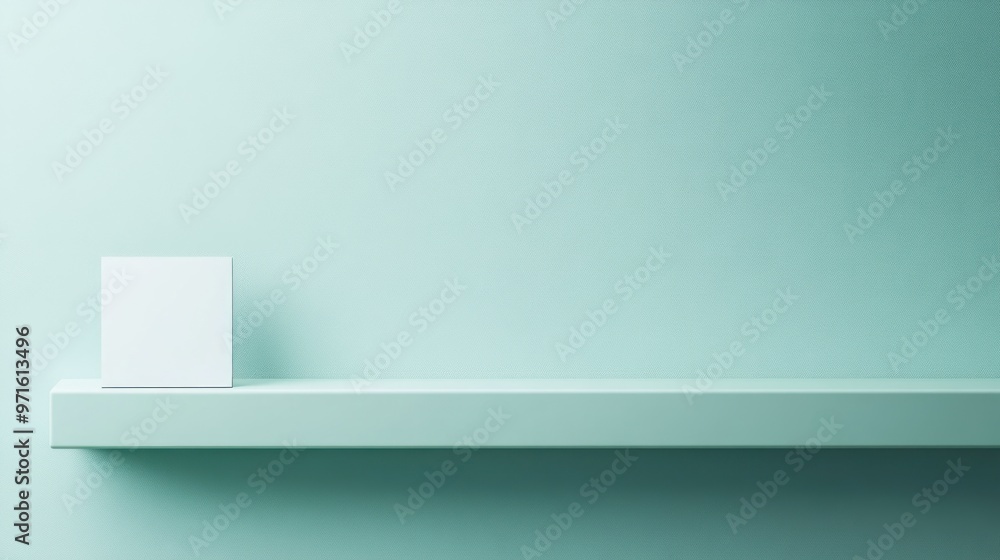 Sticker Minimalist scene featuring a white object on a shelf against a soft green wall.