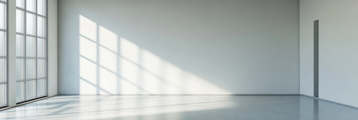 Obraz premium A spacious, minimalist room featuring a large window that allows natural light to flood in, casting soft shadows on the clean, concrete floor. The room is empty, offering a blank canvas for design and