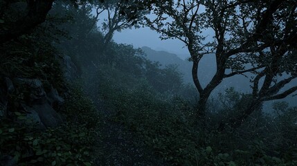   A forest at twilight, with towering trees and dense underbrush shrouded in mist A lone bench rests amidst the gloom