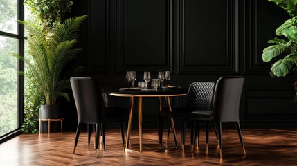 Fototapeta premium A sophisticated dining room with black walls, gold accents, and lush greenery. The black leather dining chairs and gold table create a luxurious ambiance, while the large windows provide natural light