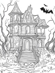 A spooky Halloween haunted house with a crumbling facade, a large front door, and a set of steps leading to the entrance. The house is surrounded by trees, and a bat flies overhead. This image represe
