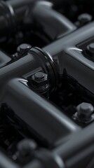 Fototapeta premium Close-up of Polished Automotive Engine Components Showcasing Intricate Detailing and Fasteners