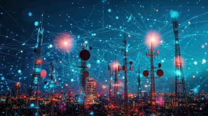 Fototapeta premium Illuminated Cityscape with Towering Communication Antennas and Abstract Network Connections