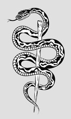 Fototapeta premium Hand drawn black and white art of a detailed mysterious snake coiled around a stick. Vector illustration of reptile with intricate scaled skin on grey background. Poster, tattoo design, t-shirt print