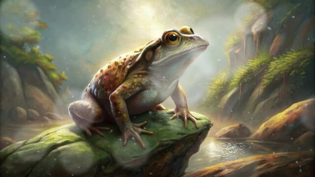 a frog on a rock at the edge of the pond