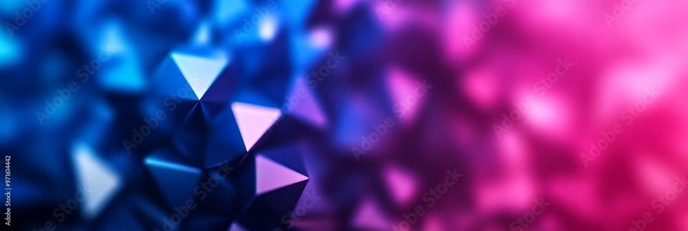 Poster A vibrant abstract background featuring a close-up of a geometric pattern made of pink and blue triangles. The depth of field creates a blurred background, emphasizing the textured surface and dynamic