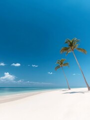 A tranquil tropical paradise featuring a pristine white sand beach, azure blue waters, and swaying palm trees under a clear sky. The scene embodies relaxation, peace, and the beauty of nature.