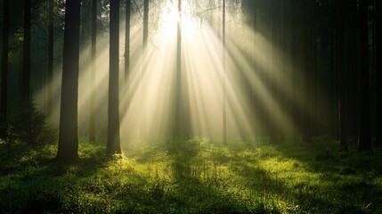 Fototapeta premium A tranquil scene of sunlight piercing through the canopy of a dense forest, illuminating the lush greenery below. The rays of light create a magical atmosphere, suggesting peace, hope, and renewal.