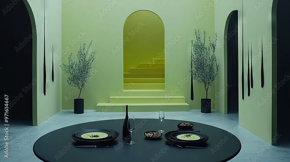 Poster a table with a bottle of wine and two plates in a cozy room with a staircase behind