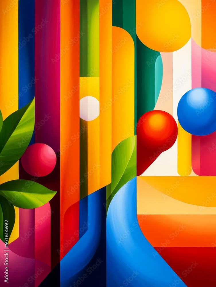 Poster a vibrant and colorful abstract room filled with geometric shapes, representing concepts like creati