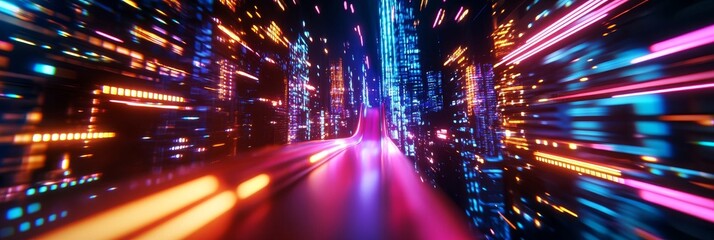 A vibrant and dynamic cityscape  in neon light, where buildings stretch upwards and the road below gleams with a futuristic glow.  The image symbolizes speed, progress, and the interconnectedness of t