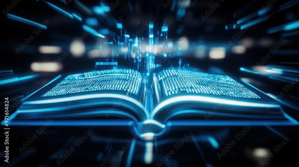 Poster a digital book emits glowing data streams, symbolizing knowledge and technology's impact.