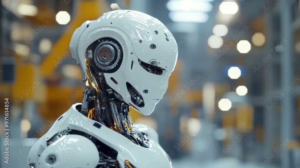 Poster white futuristic robot standing in a factory setting