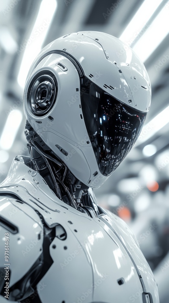 Poster futuristic robot posing in spaceship corridor