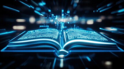 A digital book emits glowing data streams, symbolizing knowledge and technology's impact.