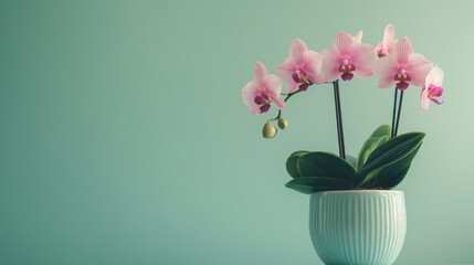 Obraz premium A serene arrangement of pink orchids in a light blue pot against a soft teal background.
