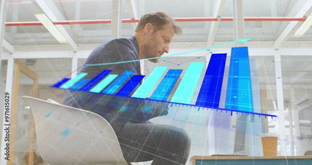 Aufkleber animation of financial data processing over caucasian businessman using smartphone