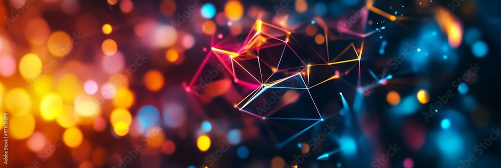 Poster a vibrant illustration featuring a geometric network of glowing lines and points, set against a back