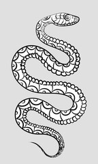 Black-and-white illustration of a coiled snake with open mouth and intricate scale details. The snake's sinuous form and sharp eyes create a bold, minimalist design for poster, tattoo or t-shirt print