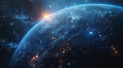 Fototapeta premium Stunning Orbital View of Illuminated Planet Earth at Night with Glowing Cities and Atmosphere