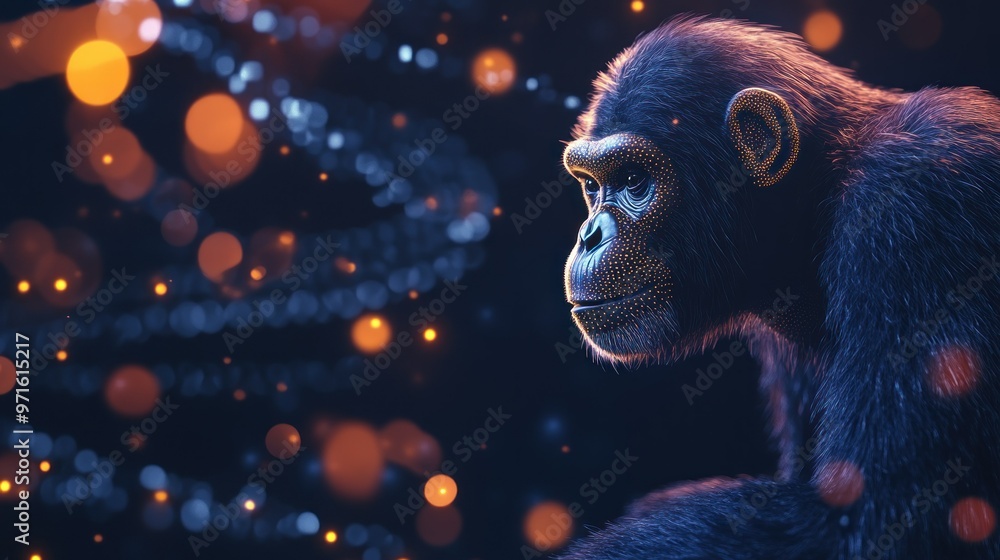 Poster a close-up of a monkey's profile with a dreamy background of lights and swirling patterns.
