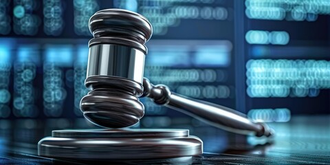 Judge gavel in a digital law concept with data center background