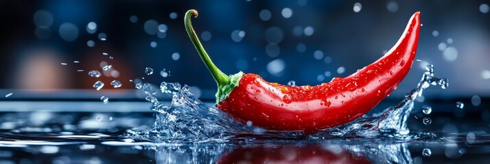 A vibrant red chili pepper is captured mid-splash as it enters a pool of water. Water droplets surround the pepper, creating a dynamic and refreshing image. The chili pepper symbolizes passion, heat, 