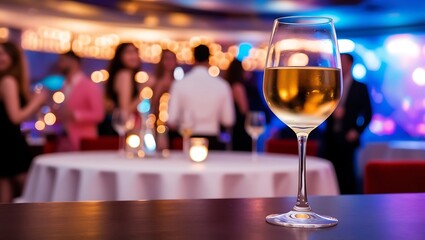 Obraz premium Elegant Social Event with White Wine Glass - Vibrant Party Ambiance Background