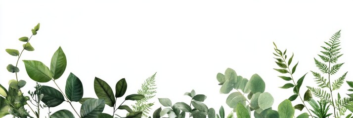 Fototapeta premium A watercolor illustration of lush greenery, featuring eucalyptus, ferns, and leaves, forming a border on a white background. This image evokes a sense of tranquility, nature, and growth. It symbolizes