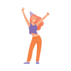 Holiday with Woman Character in Cone Hat Cheering Vector Illustration