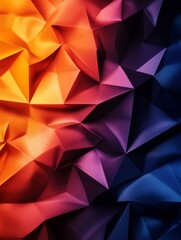 Fototapeta premium A visually captivating abstract background featuring a dynamic arrangement of triangles in a vibrant color gradient. The colors transition smoothly from warm orange and red to cool purple and blue, cr