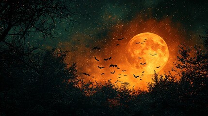 A spooky Halloween night sky filled with flying witches, glowing bats, and a giant harvest moon.