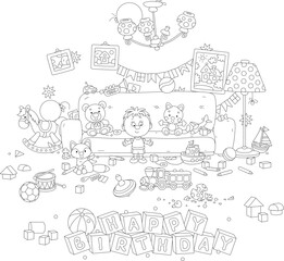 Happy birthday card with a funny little boy among toys and things scattered in terrible disorder in his room after fun and noisy games with friends at his holiday party, black and white vector cartoon