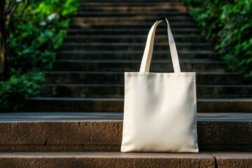 A white canvas tote bag rests on concrete steps, showcasing its blank surface for branding or design. It symbolizes simplicity, sustainability, and the potential for personalization. The bag sits agai