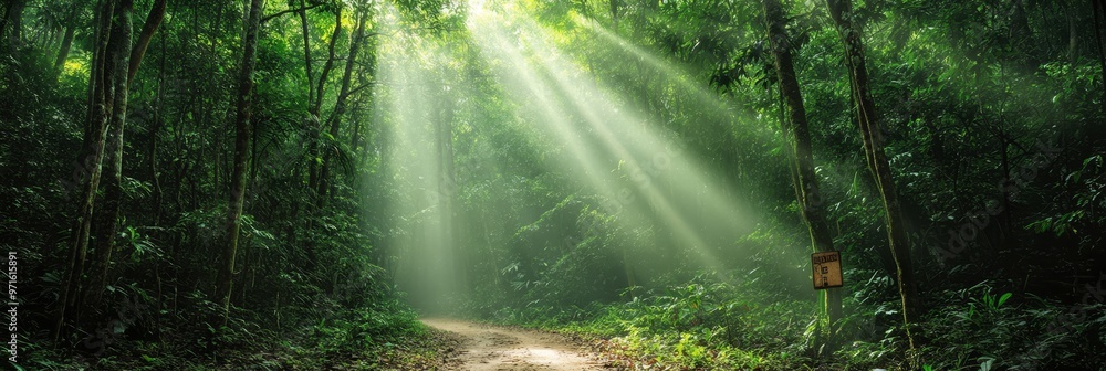 Poster a winding dirt path disappears into a dense canopy of green foliage. sunlight streams through the tr