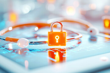 Encrypted online medical records displayed on a tablet, personal data securely protected by glowing locks, Sci-Fi, Clean and bright, 3D Rende