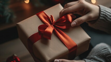 A person holding a beautifully wrapped gift with a red ribbon, evoking a festive atmosphere.