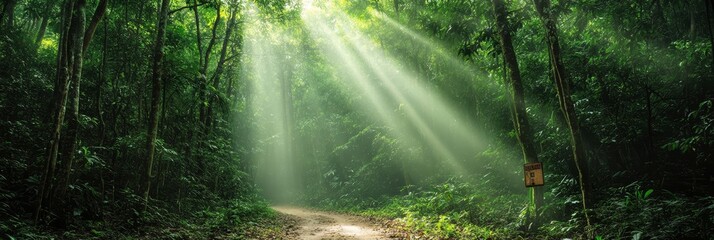 Fototapeta premium A winding dirt path disappears into a dense canopy of green foliage. Sunlight streams through the trees, casting ethereal rays onto the path, creating a sense of mystery, tranquility, and exploration.