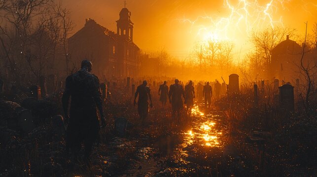 A group of zombies walking through an old, abandoned graveyard, illuminated by lightning.