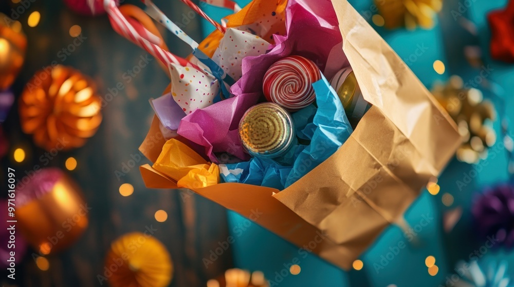 Wall mural A colorful gift bag filled with decorative candies and festive elements for a celebration.